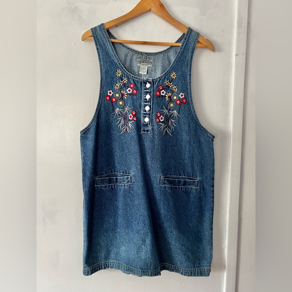 Vintage Denim Floral Embroidered Sleeveless Dress